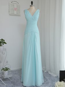 Aqua Blue Sleeveless Ruching Floor Length Quinceanera Dama Dress