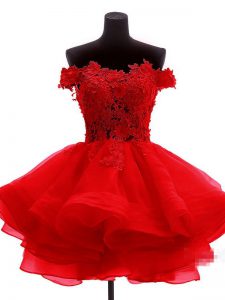Red Prom Dresses Prom and Party and Sweet 16 with Lace and Appliques and Ruffles Off The Shoulder Sleeveless Zipper