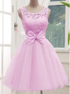 Best Selling Tulle Scoop Sleeveless Lace Up Lace and Bowknot Bridesmaid Gown in Lilac