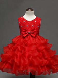 Fantastic Red Zipper Pageant Gowns For Girls Lace and Ruffled Layers and Bowknot Sleeveless Knee Length