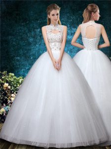 White Ball Gowns High-neck Sleeveless Tulle Floor Length Lace Up Beading and Appliques and Embroidery Bridal Gown