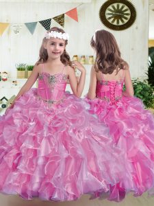 Superior Rose Pink Spaghetti Straps Neckline Beading and Ruffles Pageant Gowns For Girls Sleeveless Lace Up