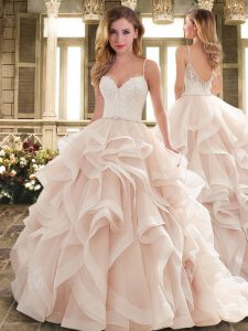 Sleeveless Embroidery and Ruffles Backless Wedding Dresses with Pink Sweep Train