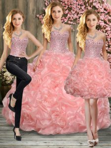 Modest Ball Gowns Quinceanera Dress Peach Sweetheart Fabric With Rolling Flowers Sleeveless Floor Length Lace Up