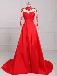 Deluxe Red Satin Backless Formal Evening Gowns Long Sleeves Brush Train Lace and Appliques