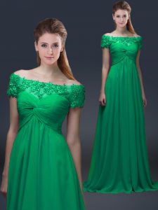 Admirable Empire Mother Dresses Green Off The Shoulder Chiffon Short Sleeves Floor Length Lace Up