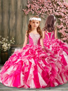 Latest Sleeveless Organza Floor Length Lace Up Little Girls Pageant Dress Wholesale in Pink And White with Beading and R