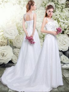 Flirting Chiffon Sleeveless Wedding Gowns Brush Train and Lace and Appliques