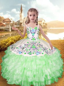 Pretty Floor Length Apple Green Pageant Gowns For Girls Straps Sleeveless Lace Up