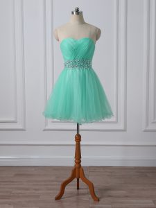 Charming Sleeveless Mini Length Beading and Ruching Lace Up with Apple Green