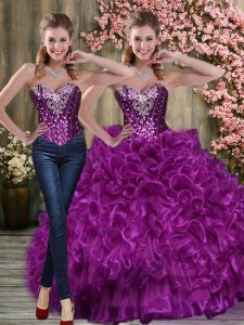 Eggplant Purple Organza Lace Up Quinceanera Gown Sleeveless Floor Length Beading and Ruffles
