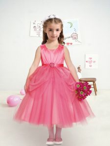Shining Hot Pink Lace Up Scoop Ruffles and Belt Flower Girl Dress Tulle Sleeveless