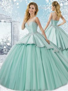 Smart Tulle Sleeveless Quince Ball Gowns Sweep Train and Beading and Ruffles