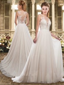 New Style White Wedding Gowns Scoop Sleeveless Brush Train Criss Cross