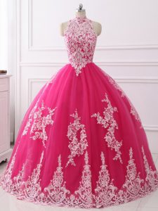Ball Gowns Sweet 16 Dresses Hot Pink High-neck Tulle Sleeveless Floor Length Zipper