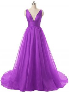 Glamorous Sleeveless Organza Backless Prom Gown in Eggplant Purple with Ruching
