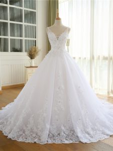 Shining White A-line Organza V-neck Sleeveless Lace and Appliques Lace Up Wedding Gown