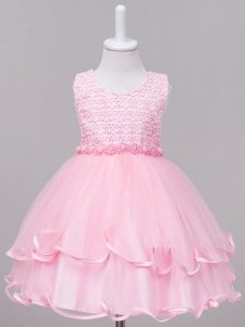 Baby Pink Scoop Neckline Lace Little Girl Pageant Gowns Sleeveless Zipper