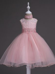 Baby Pink Sleeveless Knee Length Beading and Lace Zipper Little Girl Pageant Gowns