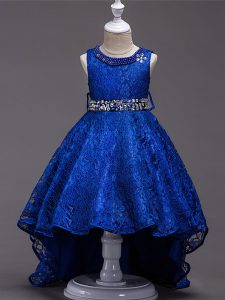 High Low Lace Up Toddler Flower Girl Dress Royal Blue for Wedding Party with Beading
