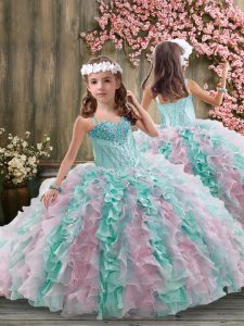 Low Price Sleeveless Organza Brush Train Lace Up Pageant Gowns For Girls in Multi-color with Beading and Ruffles