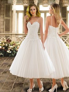 Dynamic Tea Length A-line Sleeveless White Wedding Dress Clasp Handle