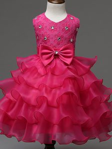 Dramatic Knee Length Ball Gowns Sleeveless Hot Pink Kids Formal Wear Zipper