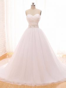 Fancy White Wedding Gowns Tulle Sleeveless Beading and Ruching