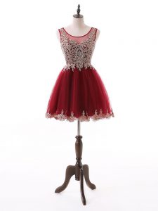 Scoop Sleeveless Dress for Prom Mini Length Beading and Lace and Appliques Wine Red Tulle