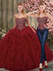 Best Floor Length Lace Up Sweet 16 Quinceanera Dress Wine Red for Military Ball and Sweet 16 and Quinceanera with Beadin