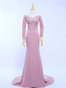 Lilac Column/Sheath Chiffon Off The Shoulder Long Sleeves Lace and Appliques Zipper Mother of Bride Dresses Brush Train