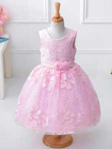 Baby Pink Ball Gowns Appliques and Hand Made Flower Little Girls Pageant Dress Wholesale Zipper Lace Sleeveless Knee Len