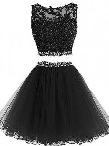 Super Black Sleeveless Beading and Lace and Appliques Mini Length Dress for Prom