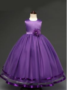 Purple Sleeveless Floor Length Hand Made Flower Zipper Flower Girl Dress