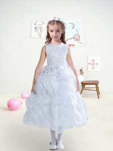 White Organza Zipper Toddler Flower Girl Dress Sleeveless Tea Length Lace and Ruffles
