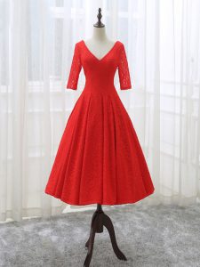 V-neck Half Sleeves Lace Up Prom Dress Red Lace