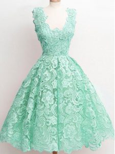 Shining Apple Green Sleeveless Knee Length Lace Zipper Wedding Guest Dresses