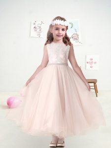 Great Lace and Belt Flower Girl Dresses Pink Zipper Sleeveless Ankle Length