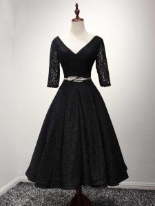 Latest Ankle Length Black Prom Evening Gown V-neck Half Sleeves Lace Up