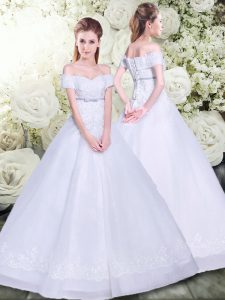 Ideal White Tulle Lace Up Off The Shoulder Sleeveless Floor Length Wedding Gowns Appliques and Belt