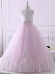 Charming Baby Pink Lace Up Scalloped Lace Child Pageant Dress Tulle Sleeveless Brush Train