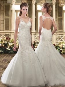 Simple Spaghetti Straps Sleeveless Bridal Gown Sweep Train Appliques and Embroidery White Organza