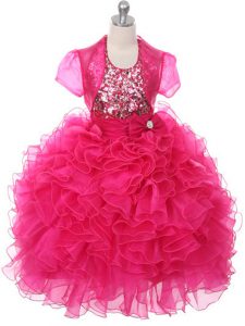 Hot Pink Ball Gowns Organza Scoop Sleeveless Ruffles and Sequins and Bowknot Floor Length Lace Up Little Girl Pageant Go