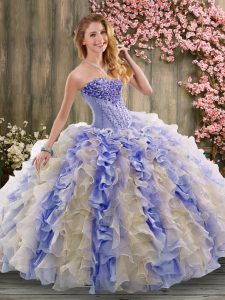 Fashionable Sleeveless Beading and Ruffles Lace Up 15th Birthday Dress with Multi-color Brush Train