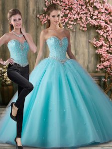 Modern Aqua Blue Ball Gowns Beading Quinceanera Dresses Lace Up Tulle Sleeveless Floor Length