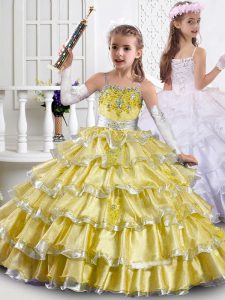 Gold Organza Lace Up Pageant Gowns For Girls Sleeveless Floor Length Beading and Ruffled Layers
