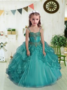 Discount Ball Gowns Little Girl Pageant Gowns Teal Spaghetti Straps Organza Sleeveless Floor Length Lace Up