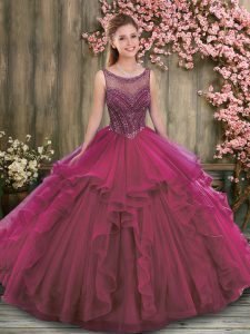 Adorable Scoop Sleeveless Tulle Quince Ball Gowns Beading and Ruffles Lace Up