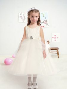 Captivating Tea Length Zipper Flower Girl Dresses White for Wedding Party with Ruffles and Belt