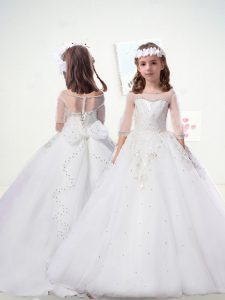 Pretty Half Sleeves Chiffon Floor Length Clasp Handle Flower Girl Dress in White with Beading and Lace and Bowknot